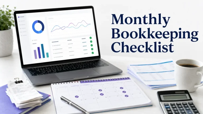 Monthly bookkeeping checklist with accounting dashboard, calendar, bank statements, receipts, and calculator