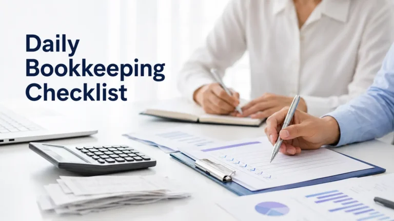 Daily bookkeeping checklist with calculator, receipts, financial documents, and completed accounting tasks