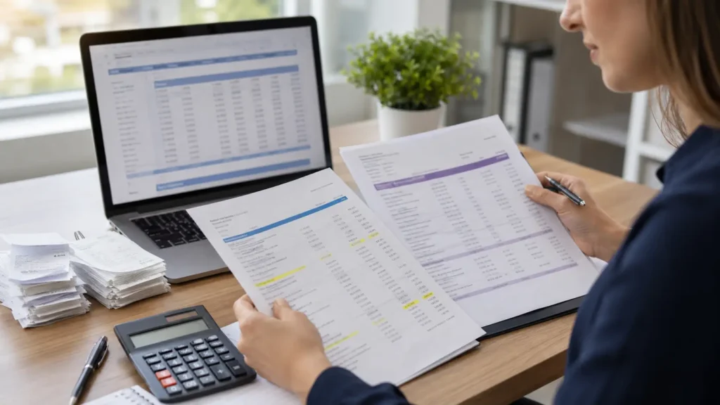 Accountant reconciling bank and credit card statements with bookkeeping records
