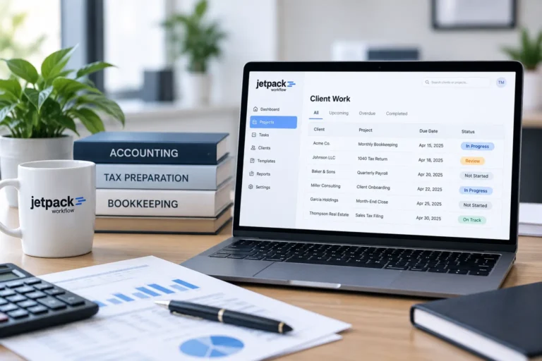 Accounting workflow software showing recurring client projects, due dates, and workflow status in Jetpack Workflow