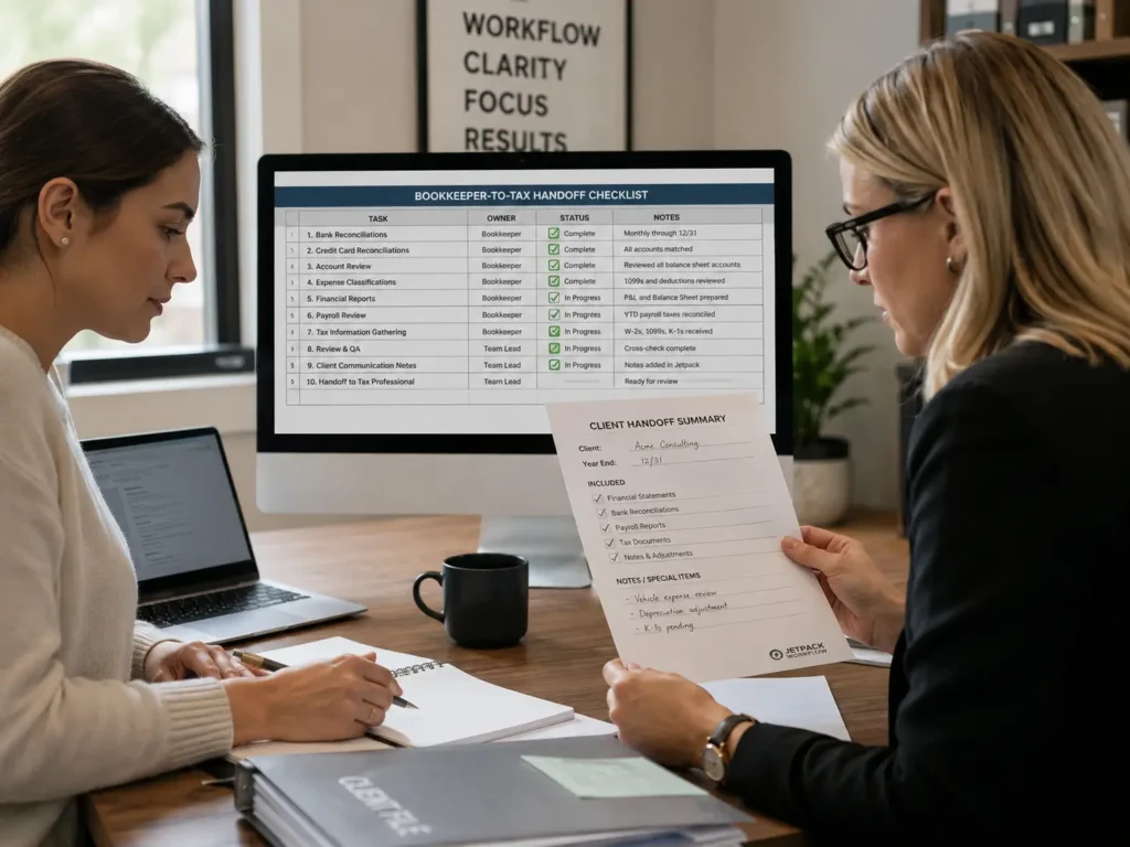 Bookkeeper and tax professional reviewing a standardized bookkeeping workflow and client handoff checklist to create tax-ready books.