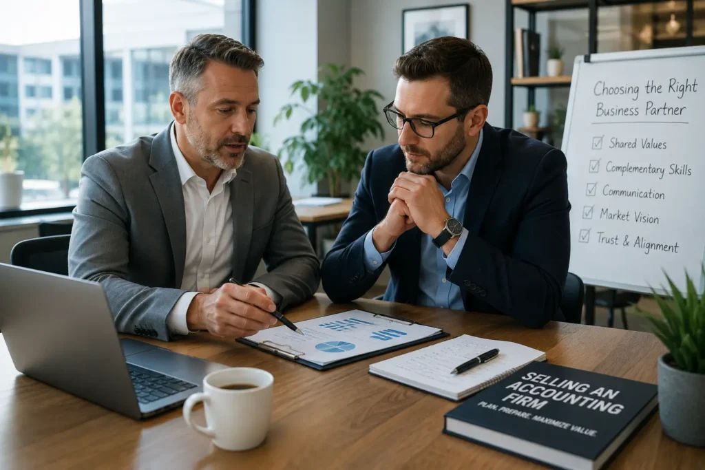 Business partners discussing strategy before selling an accounting firm and planning a successful firm transition.
