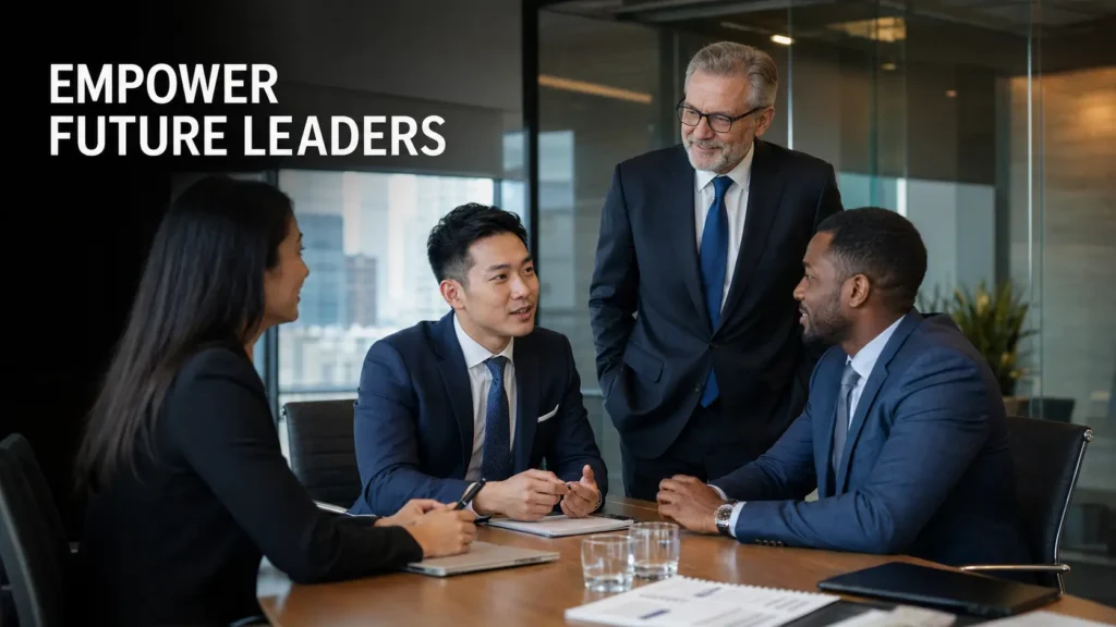 Senior accounting firm partner empowering future leaders during a client meeting
