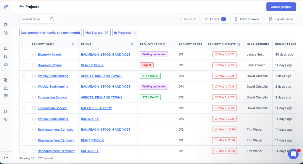etpack Workflow accounting project management dashboard showing recurring client work, task status, due dates, and team assignments