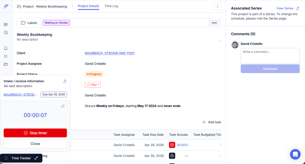 Jetpack Workflow recurring bookkeeping project showing task deadlines, assignees, project status, and time tracking