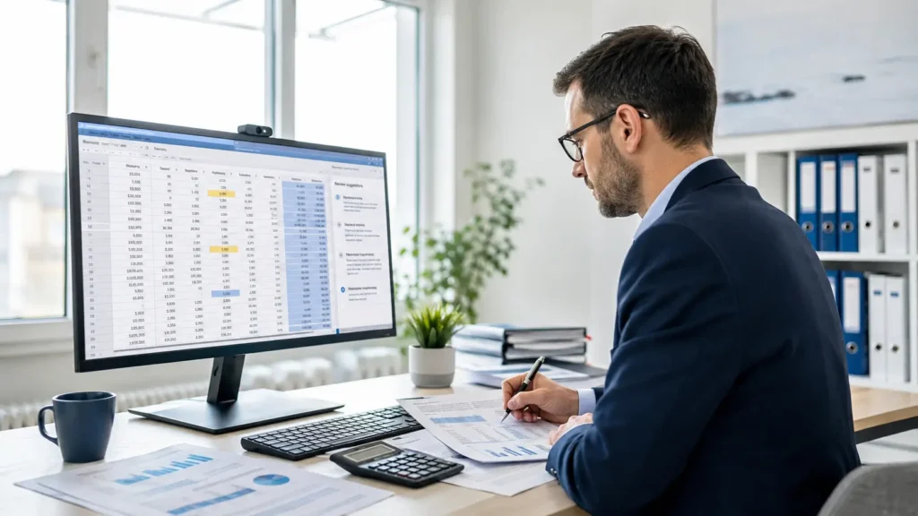 Accountant reviewing AI-assisted financial data to improve accuracy and quality