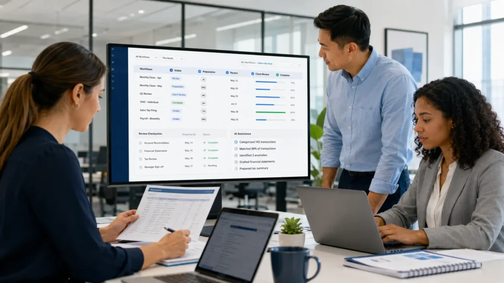 Accounting team managing AI-assisted workflows with clear task ownership, deadlines, and review stages