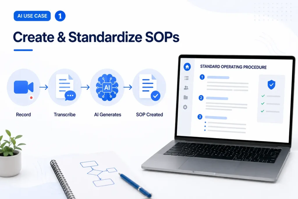 AI workflow showing how accounting firms can create and standardize SOPs from process recordings and transcripts.