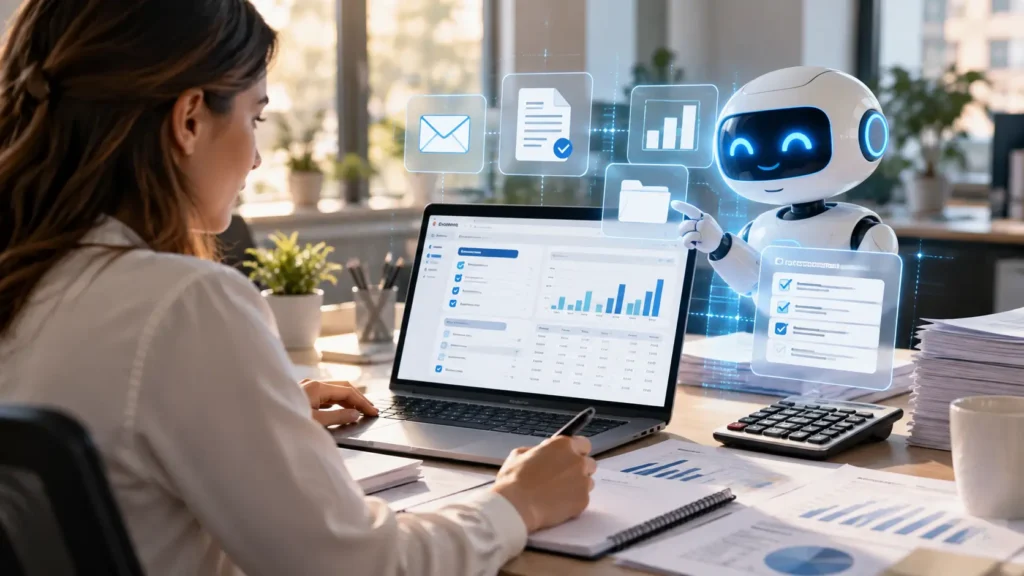 Accountant using AI automation to manage financial documents, client communication, and accounting workflows.
