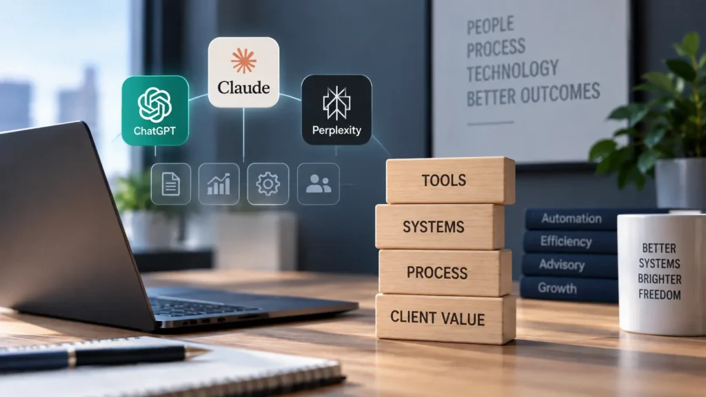 AI tools and accounting workflow systems supporting efficiency, client value, and growth in a solo CPA firm.