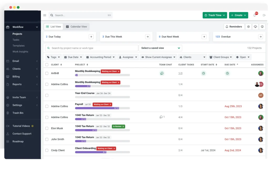 Financial Cents dashboard showing accounting workflow management, client tasks, and project tracking features.