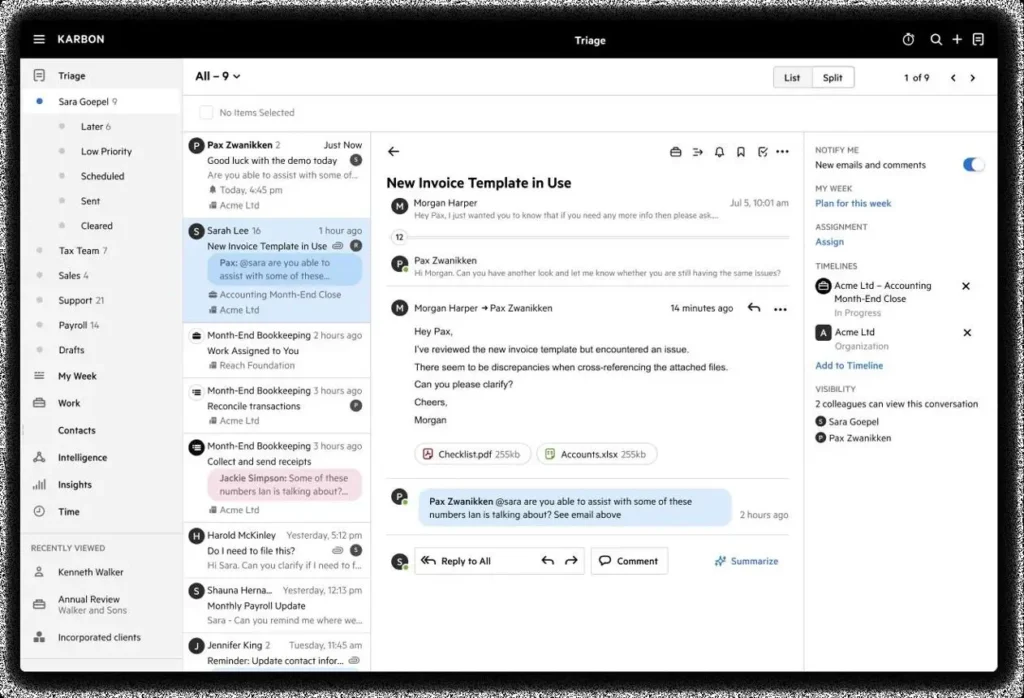 Karbon accounting practice management dashboard showing client workflows, task tracking, and team collaboration.