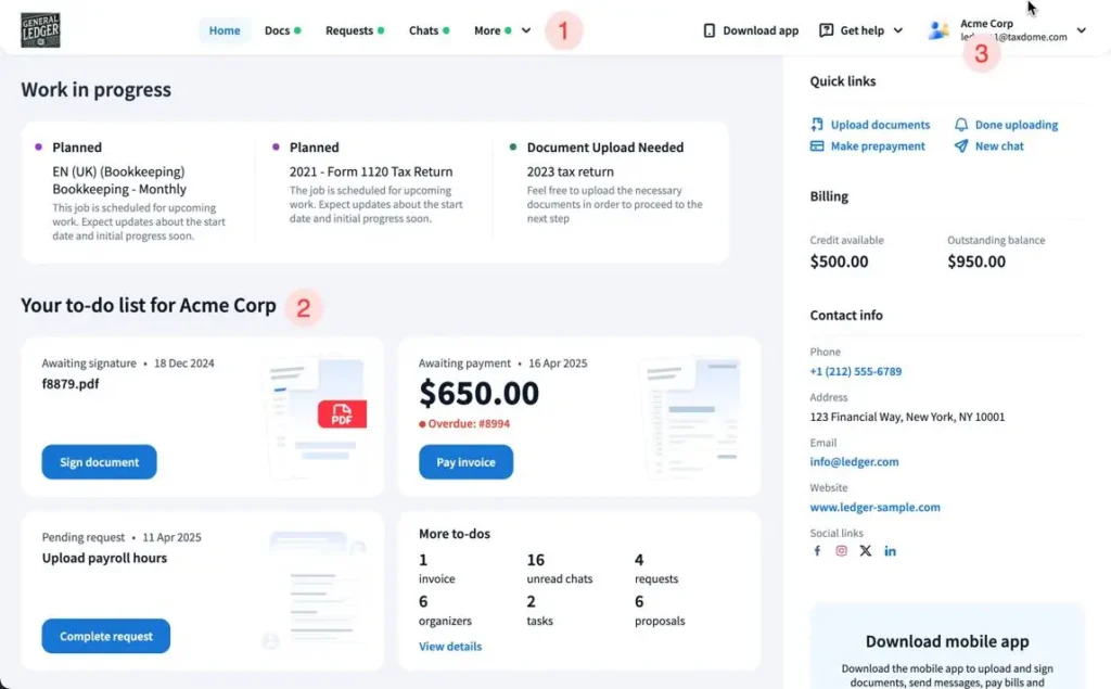 TaxDome practice management dashboard displaying client information, workflow tasks, and accounting firm management tools.