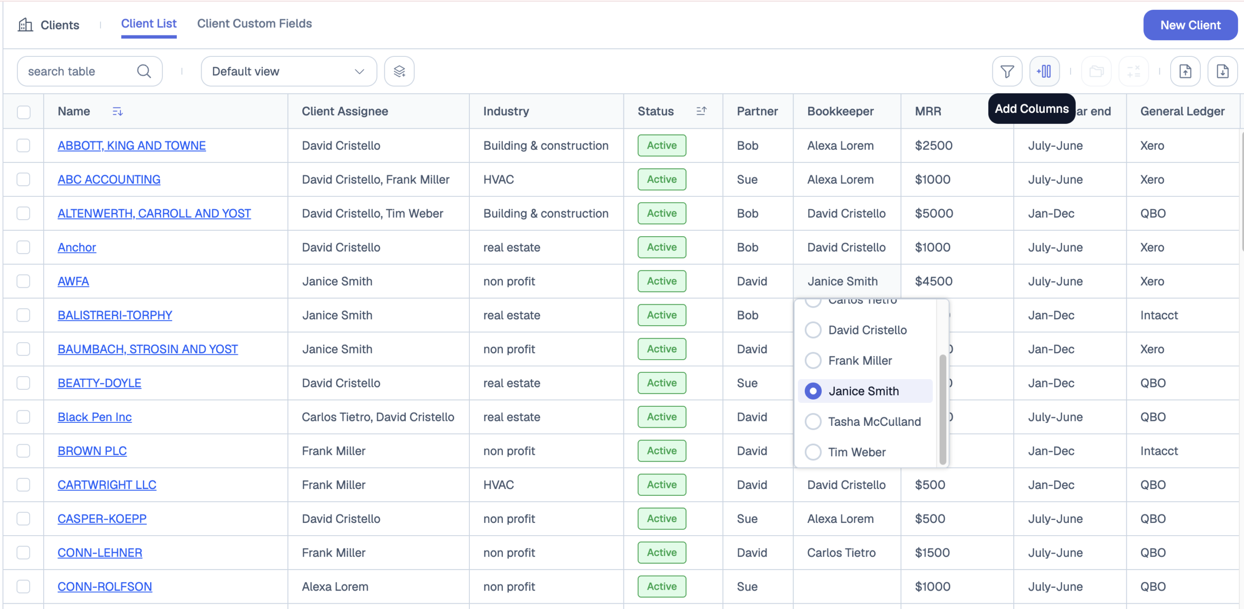 Client list with custom fields for tax clients