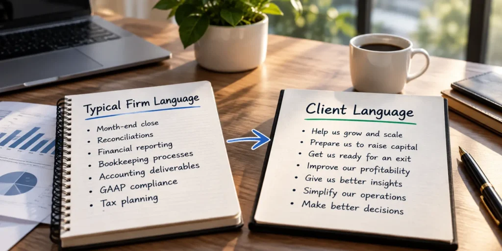 Accounting firm language compared with client-focused language for communicating services based on business goals and outcomes.