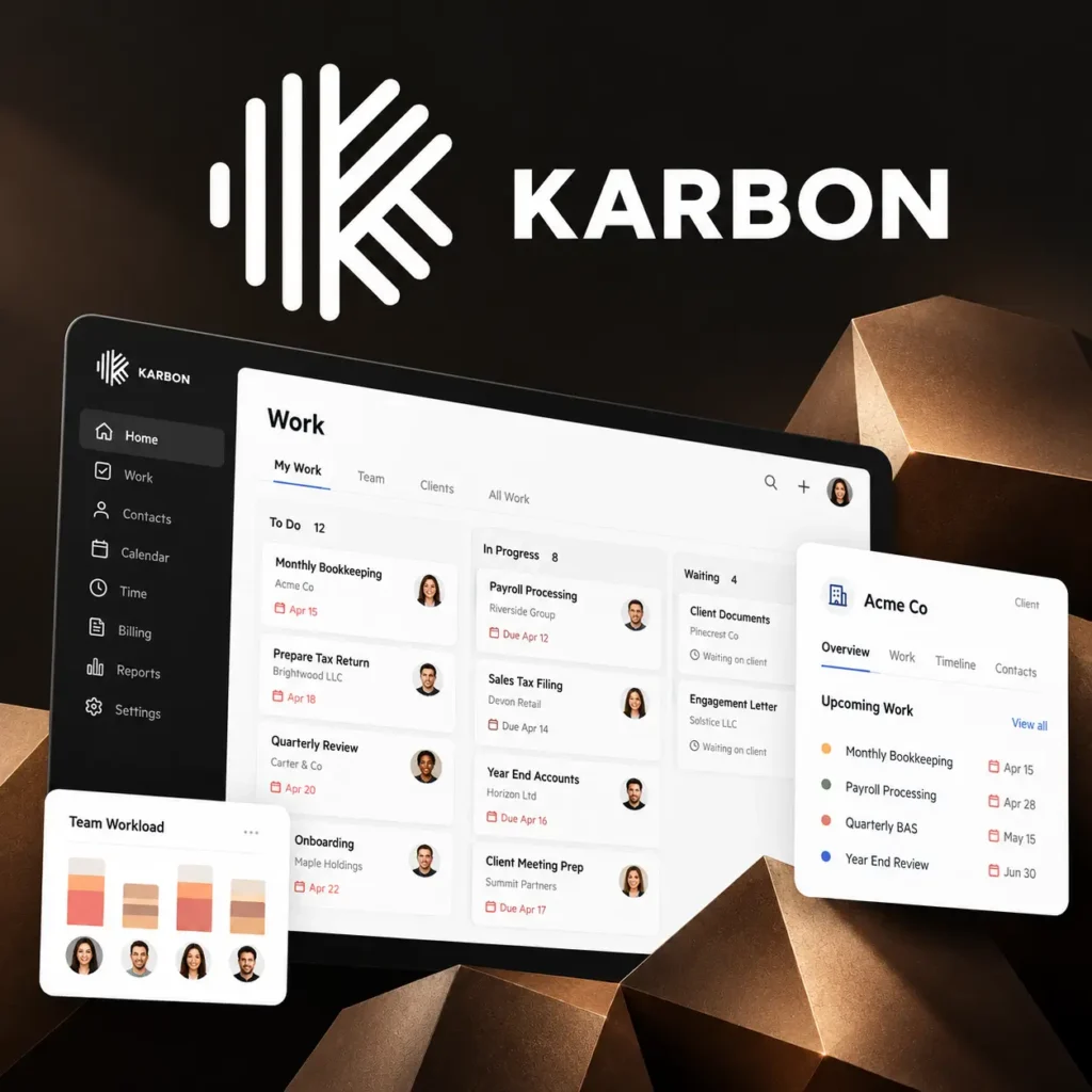 Karbon accounting practice management software dashboard and workflow features Caption: Karbon practice management software for accounting firms, featuring workflow, client work, and team workload management.