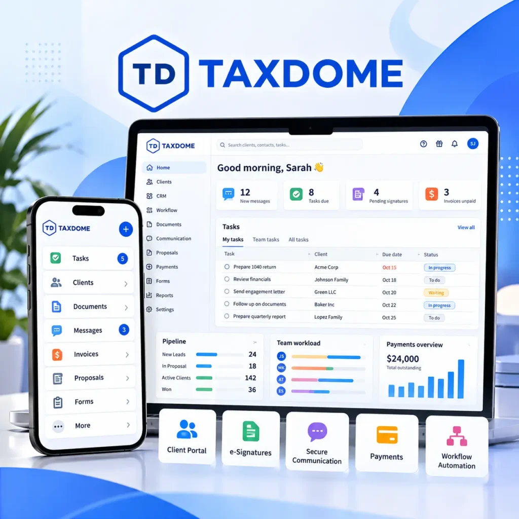 TaxDome accounting practice management software dashboard and client portal features
